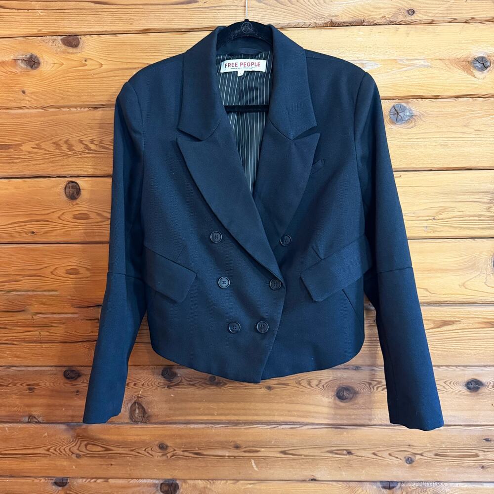 Free People Black Double-Breasted Cropped Blazer